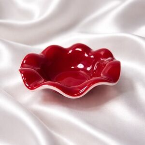Vintage Red and White Glass Ruffled Edge Bowl